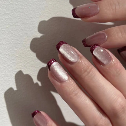 French Press-On Nails Set - 24 Pcs Short Square Full Over Fake Nails for Women & Girls